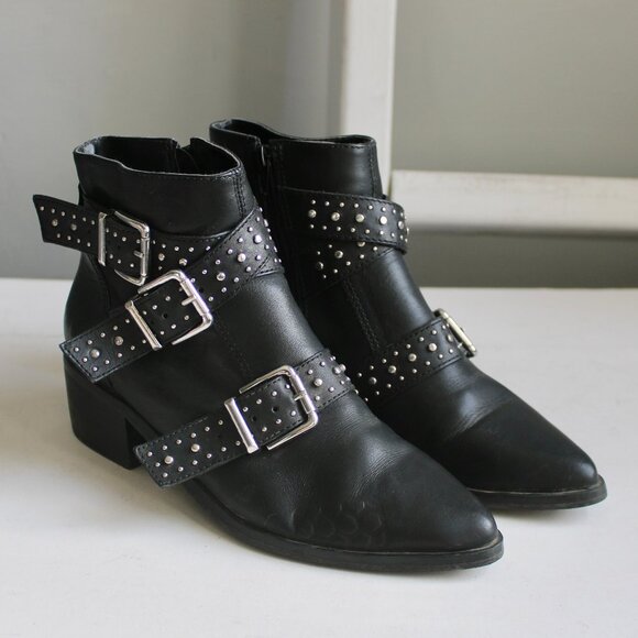 Steve Madden Women's Black Silver Studded Glori Motorcycle Leather Bootie Size 6 - Picture 1 of 7